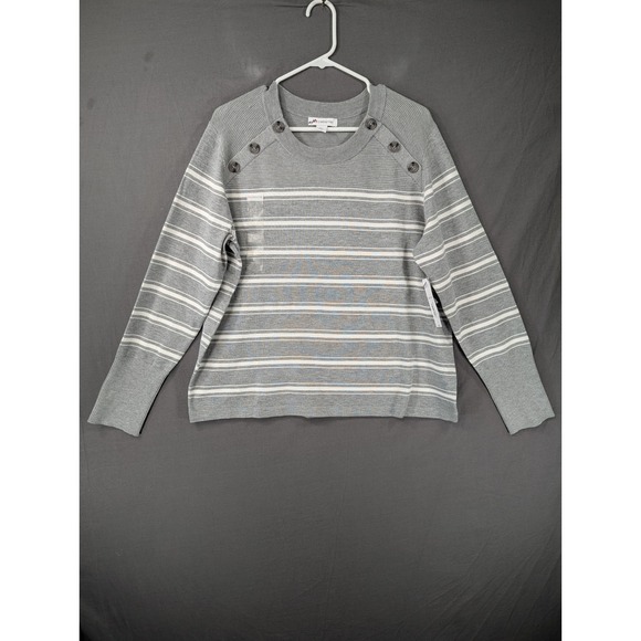 Liz Claiborne Sweaters - Liz Claiborne Gray Striped Button Shoulder Long Sleeve Knit Sweater XL NWT